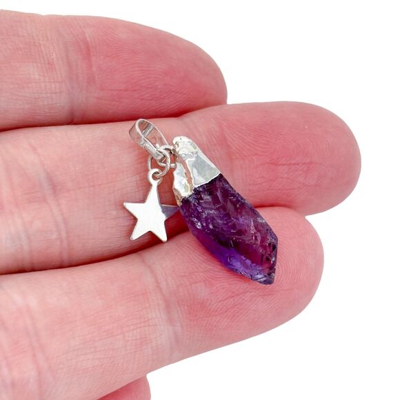 Vintage Silver-Tone Star Charm Amethyst Raw Crystal Pendant - Picture 1 of 6